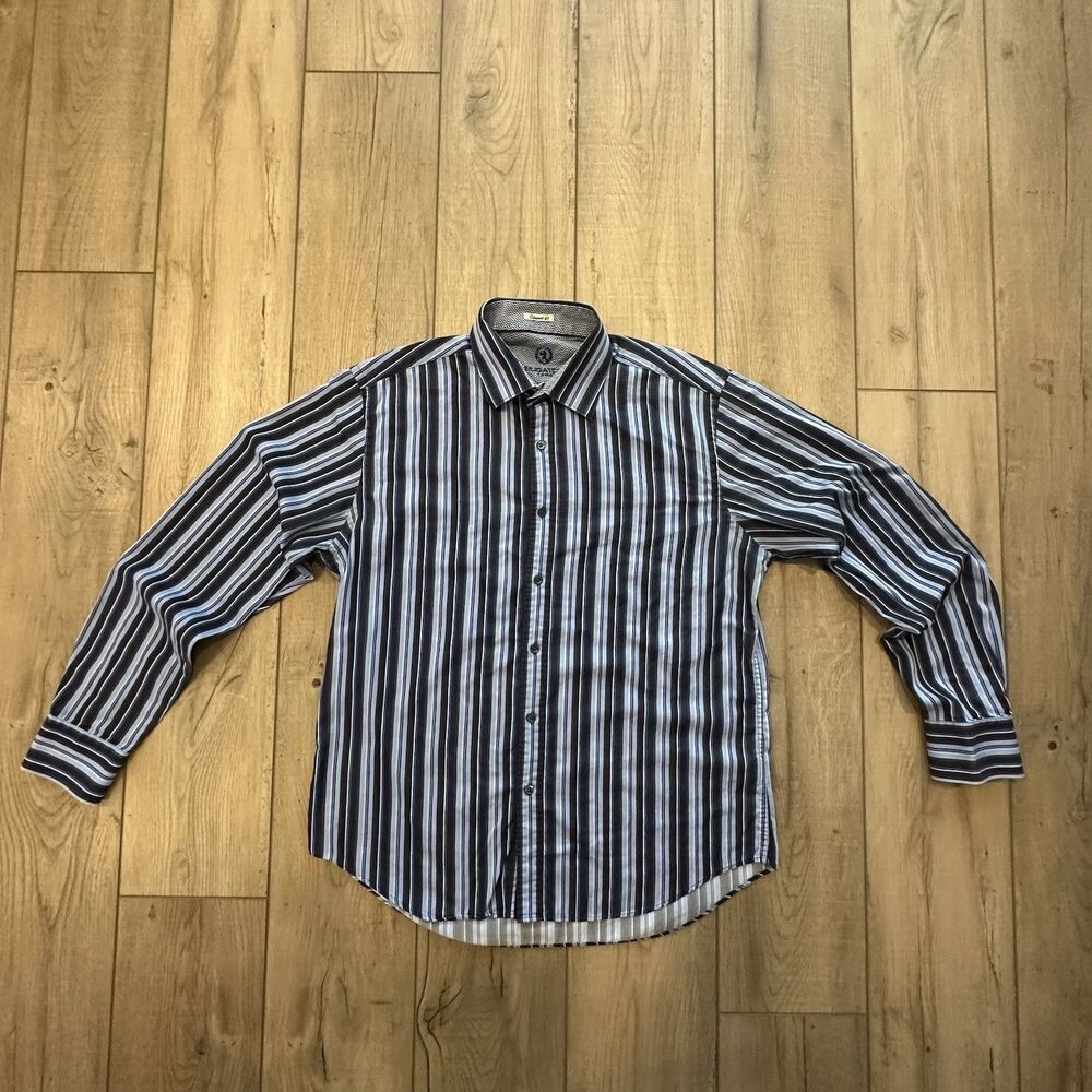Bugatchi Uomo Shaped Fit Shirt Mens Large Striped Flip Cuff Button Long Sleeve